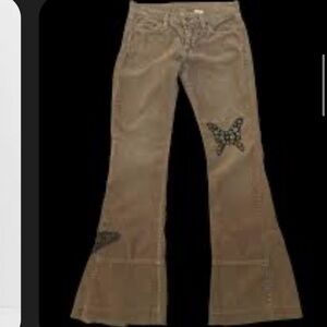 ISO LaRok Tan Corduroy Flare Pants with Butterfly Detail Y2K